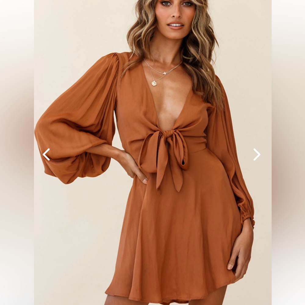 MADISON BOW TIE BUST BALLOON SLEEVE DRESS TAN -NEW